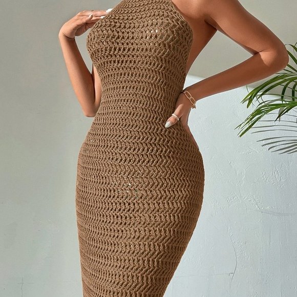 Crochet Backless Halter Neck Bodycon Dress Mocha Brown - Picture 5 of 5